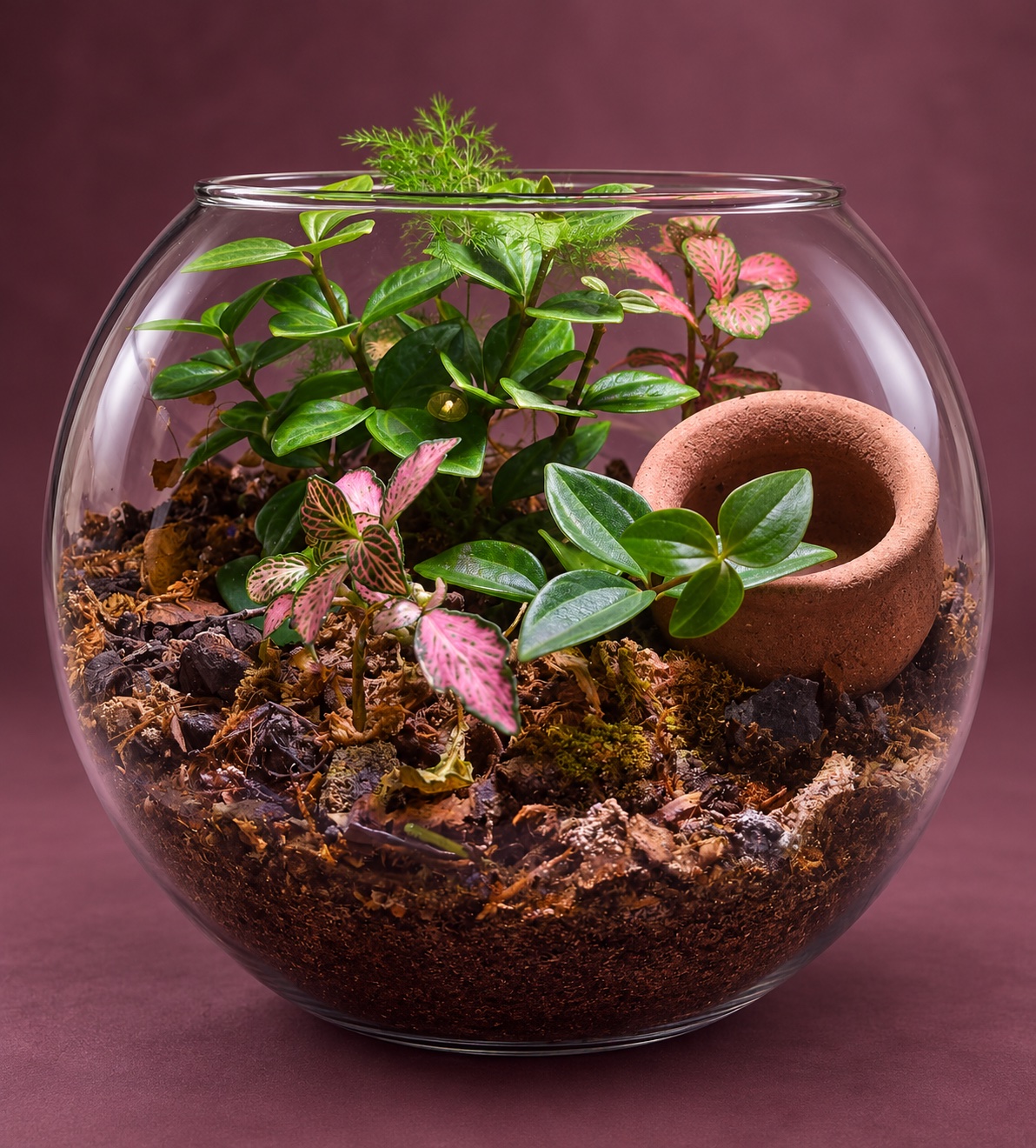 Detail of the leaves, moss and textures inside a handmade terrarium